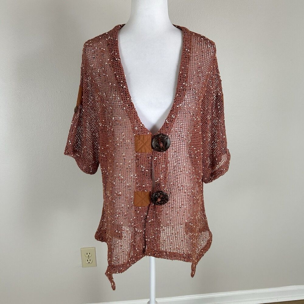 Womens Cardigan Open Knit Sheer Short Sleeve Top Size L Katie Todd Artsy Orange